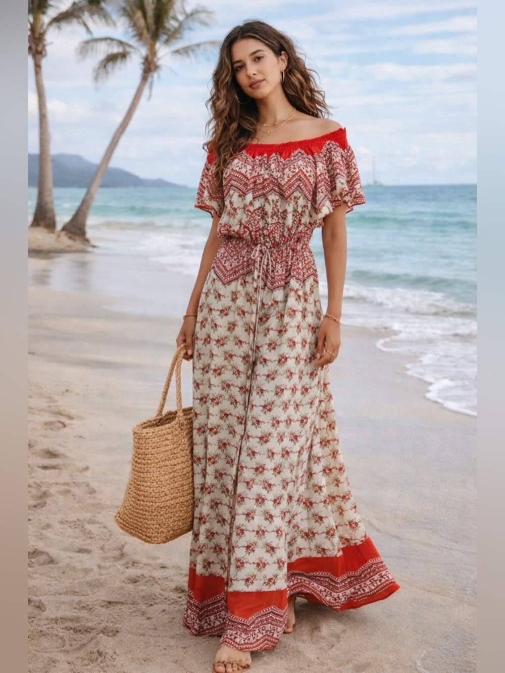 Patrons of Peace Boho Maxi Dress M Red Cream Floral Off Shoulder M Festival